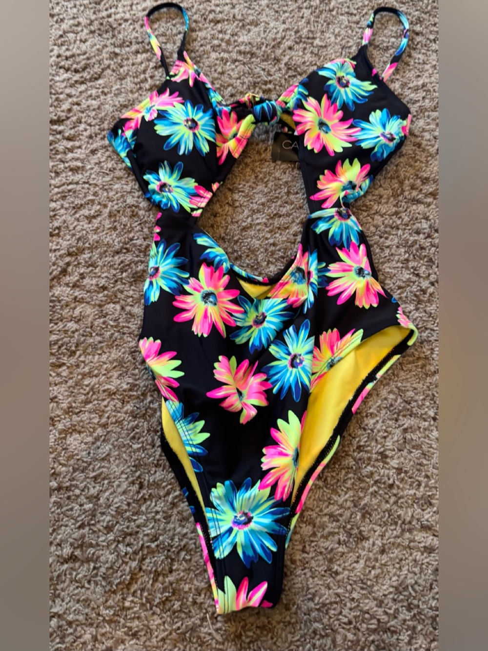 California Waves Black One-Piece Swimsuit with Neon Floral Print